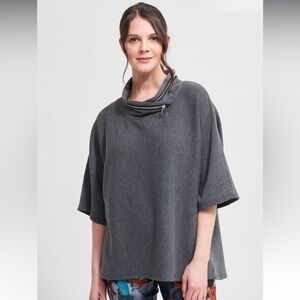 Joseph Ribkoff Hooded Top Style 213621 Grey Melange / Black Ribbed Size 14